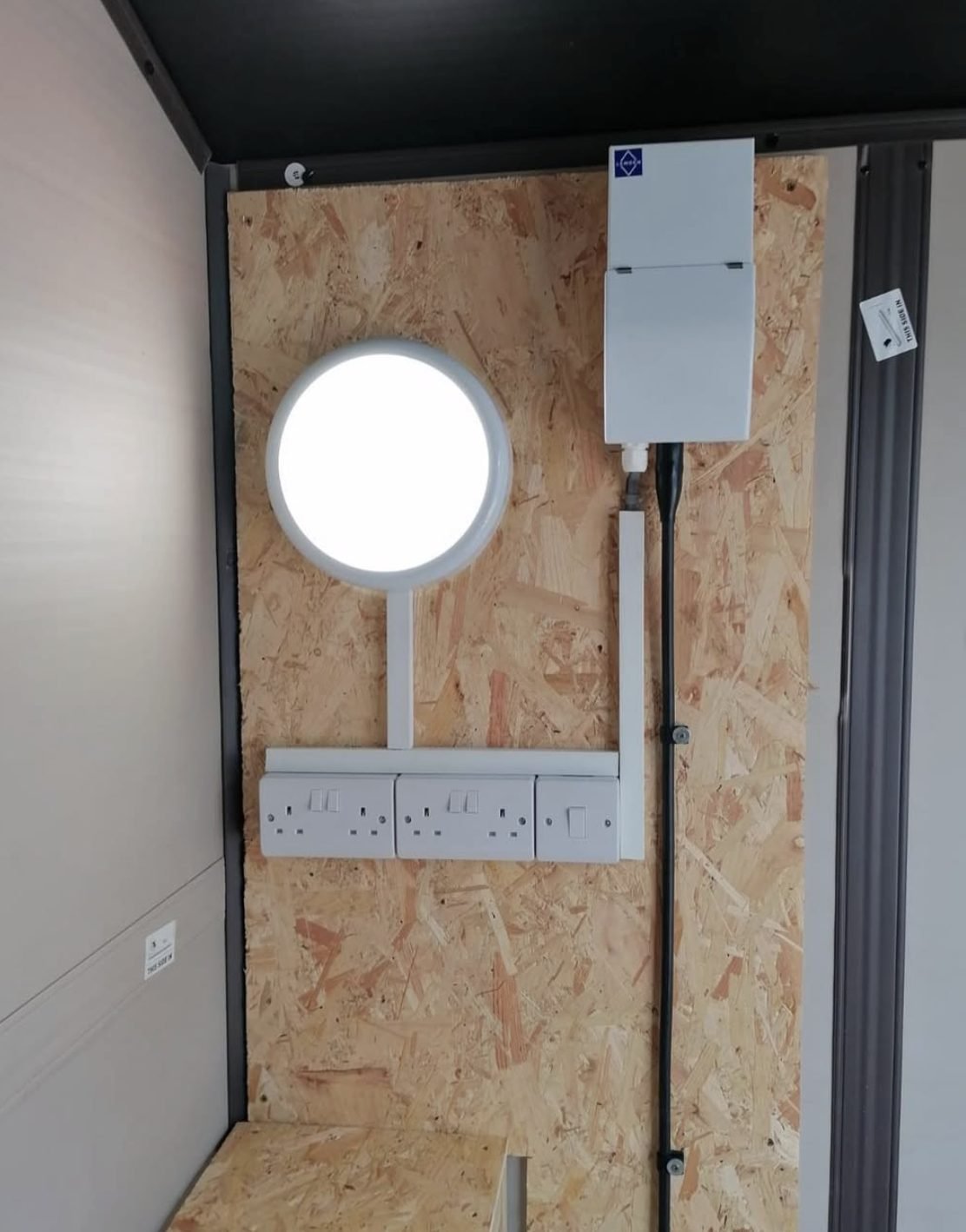 Sockets, light and a small consumer unit fitted inside a garden room